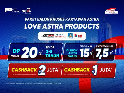 Yuk cintai produk-produk Astra! Dapatkan Cashback Rp1 Juta & Promo spesial untuk setiap pembelian unit khusus insan Astra