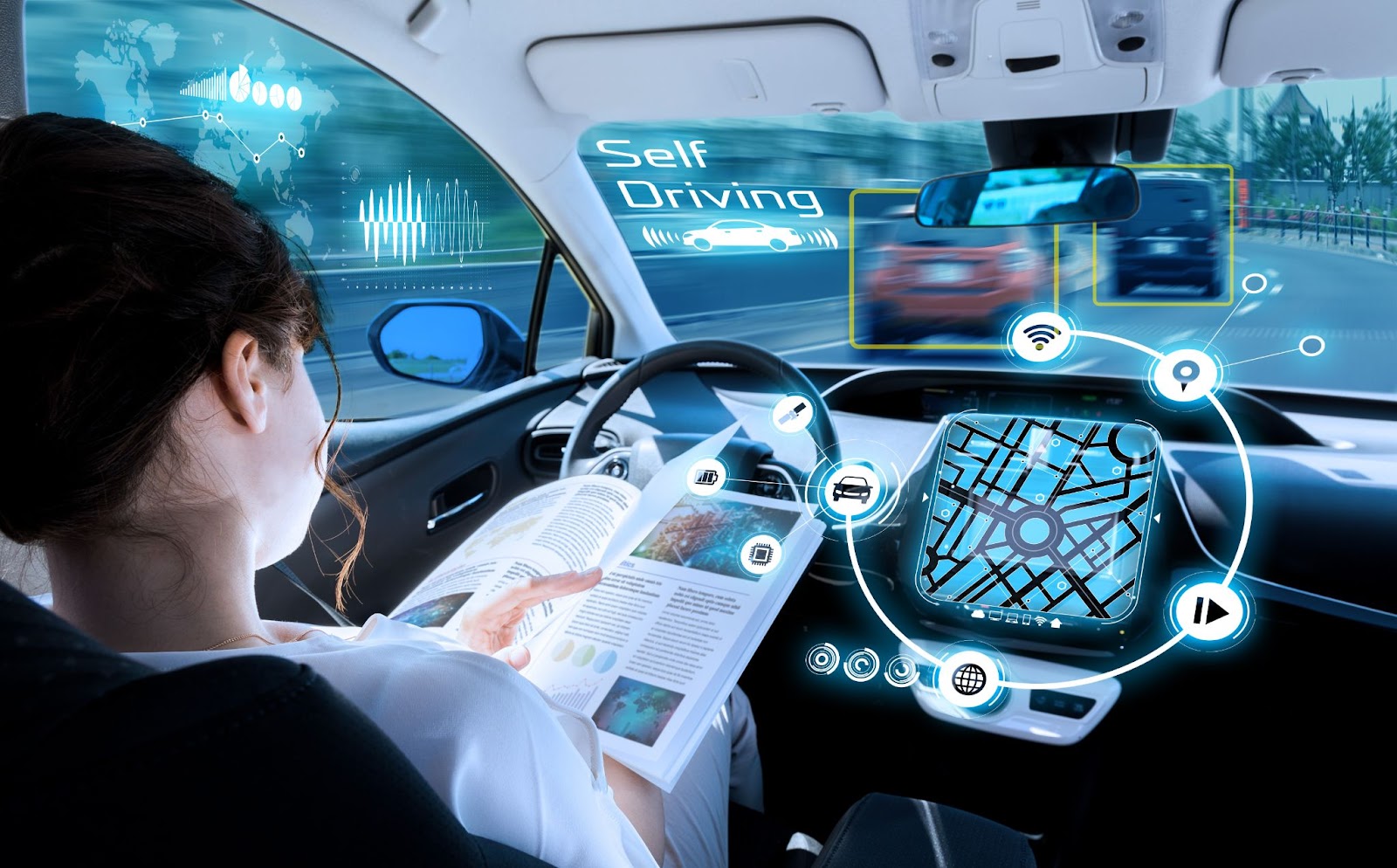 dinamika mobil otonom, Mobil otonom di jalan raya dengan teknologi canggih.