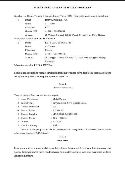 contoh surat sewa kendaraan
